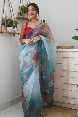 BLUE ORGANZA HANDWORK DIGITAL PRINT SAREE