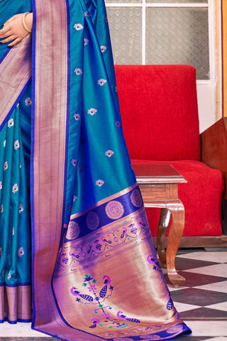 BLUE SOFT PESHWAI PAITHANI SILK SAREE