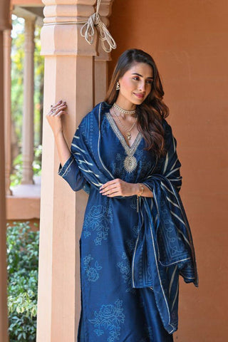 Blue Reyon Embroidery Teby Silk Kurta Silk