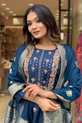 Blue Viscose Reyon Jacquard Embroidery Kurta Set