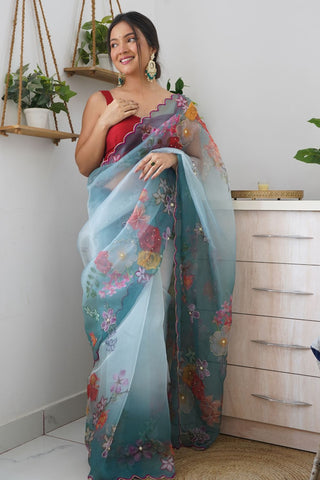 BLUE ORGANZA HANDWORK DIGITAL PRINT SAREE