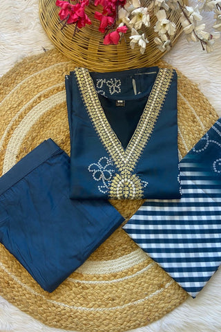 Blue Reyon Embroidery Teby Silk Kurta Silk
