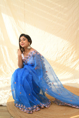 BLUE ORGANZA EMBROIDERED SAREE