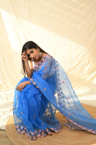 BLUE ORGANZA EMBROIDERED SAREE