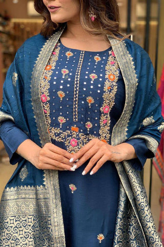 Blue Viscose Reyon Jacquard Embroidery Kurta Set