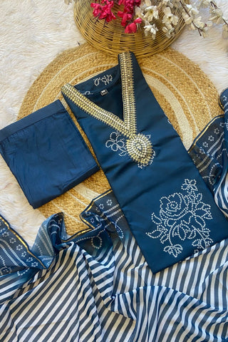 Blue Reyon Embroidery Teby Silk Kurta Silk