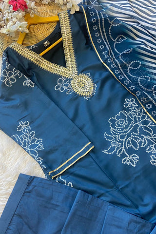 Blue Reyon Embroidery Teby Silk Kurta Silk