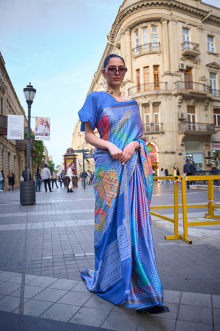 Blue Print-poly Viscose Handloom Weaving Saree