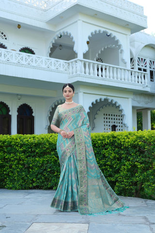 Blue Organza Leheriya Woven Saree