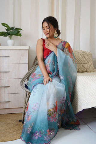 BLUE ORGANZA HANDWORK DIGITAL PRINT SAREE