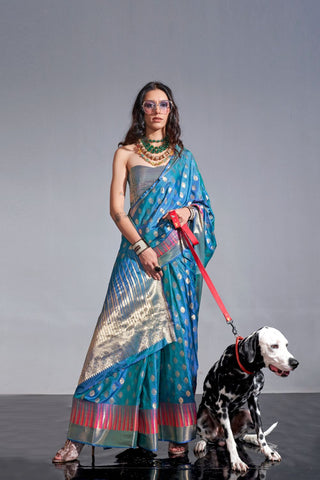 Blue Handwoven Weaving Silk Saree