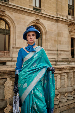 BLUE HANDLOOM WEAVING SILK SAREE