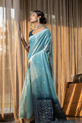 Blue Jamdani Mulmul Cotton Saree