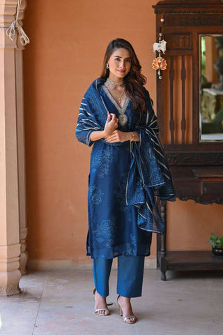 Blue Reyon Embroidery Teby Silk Kurta Silk