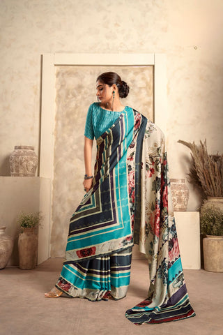 BLUE SATIN CREPE WITH DIGITAL PRINT SAREE