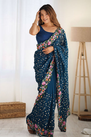 Blue Soft Georgette Saree_Kumari Sarees