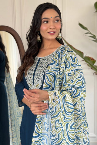 Blue Viscose Slub Embroidery Kurta Set_Kumari Sarees