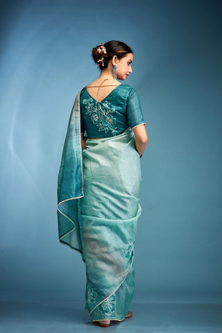 Blue Tussar Saree With Hand Based Work