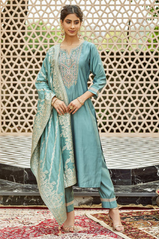 Blue Viscose Chanderi Embrodairy Stright Kurta Set_Kumari Sarees