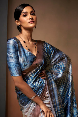 BLUE SATIN CREPE DIGITAL PRINT SAREE