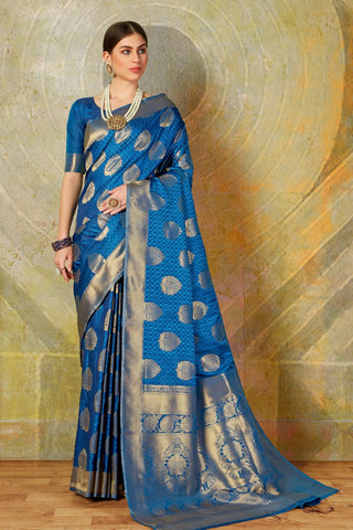 BLUE KANJEEVARAM HANDLOOM SILK SAREE WITH LEAF DESIGN