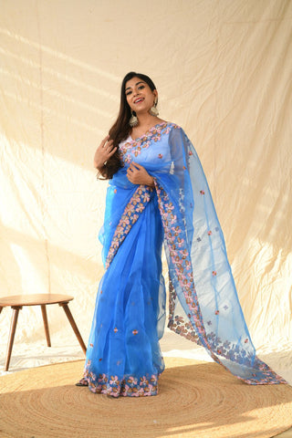 BLUE ORGANZA EMBROIDERED SAREE