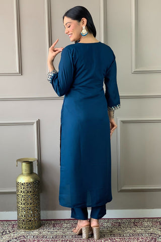 Blue Viscose Reyon Jacquard Embroidery Kurta Set_Kumari Sarees