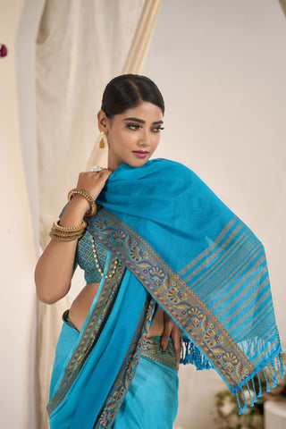 Blue Pure Silk Creep Saree_Kumari Sarees