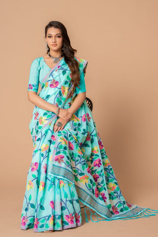 Blue Soft Cotton Jamdani Saree