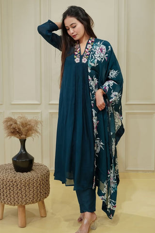 Blue Chinon Embroidery Kurta Set_Kumari Sarees