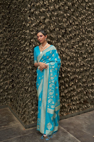 BLUE NYLON CHINON TWO - TONE WEAVING SAREE