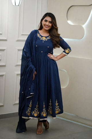 Blue Viscose Chanderi With Embroidered Kurta Set_Kumari Sarees