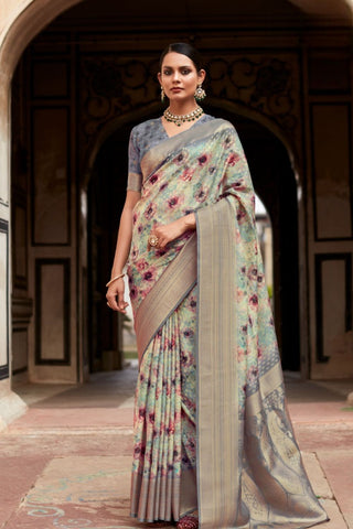 Blue Soft Tissue With Zari Digital Print Saree