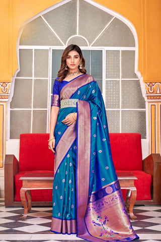 BLUE SOFT PESHWAI PAITHANI SILK SAREE