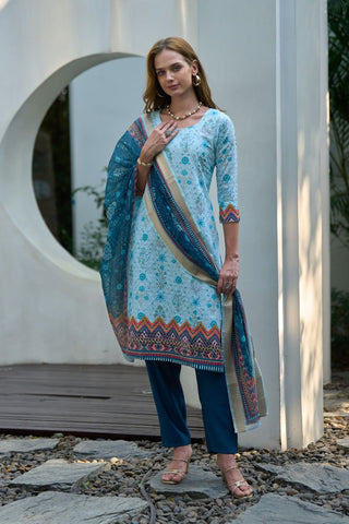 Blue Cotton With Print Kurta Set_Kumari Sarees