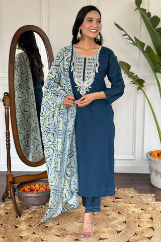 Blue Viscose Slub Embroidery Kurta Set_Kumari Sarees
