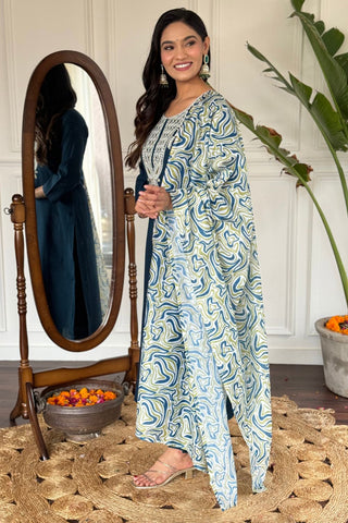 Blue Viscose Slub Embroidery Kurta Set_Kumari Sarees