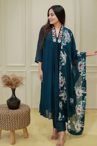 Blue Chinon Embroidery Kurta Set_Kumari Sarees