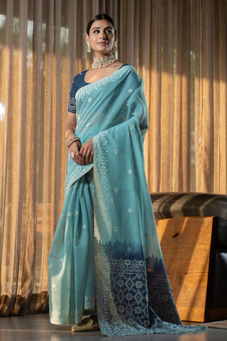 Blue Jamdani Mulmul Cotton Saree