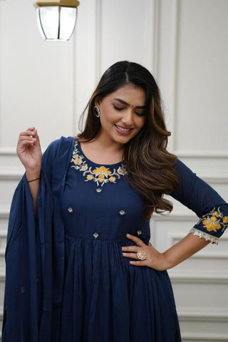Blue Viscose Chanderi With Embroidered Kurta Set_Kumari Sarees