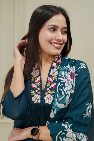 Blue Chinon Embroidery Kurta Set_Kumari Sarees