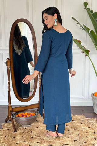 Blue Viscose Slub Embroidery Kurta Set_Kumari Sarees