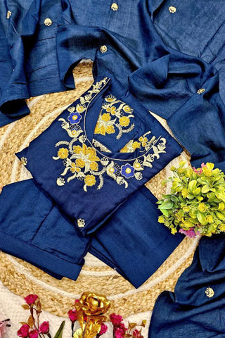 Blue Viscose Chanderi With Embroidered Kurta Set_Kumari Sarees