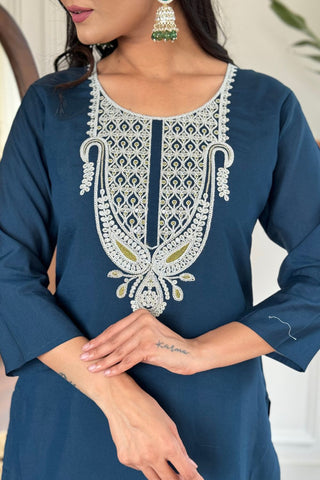 Blue Viscose Slub Embroidery Kurta Set_Kumari Sarees