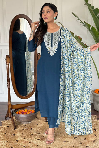 Blue Viscose Slub Embroidery Kurta Set_Kumari Sarees