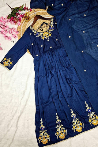 Blue Viscose Chanderi With Embroidered Kurta Set_Kumari Sarees