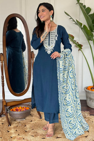 Blue Viscose Slub Embroidery Kurta Set_Kumari Sarees