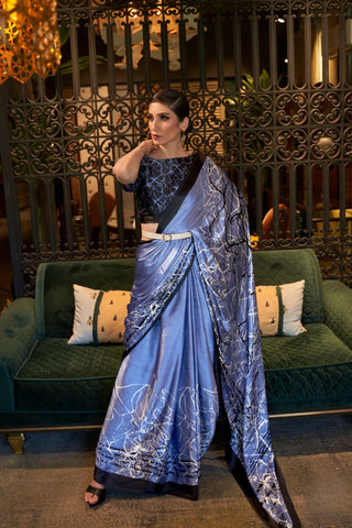 BLUE PRINTED JAPAN SATIN CREPE SAREE