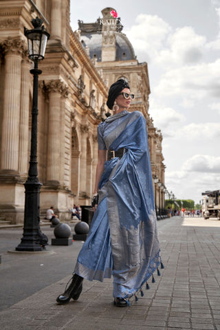 Blue Pure Satin Nylon Handloom Weaving Silk Saree