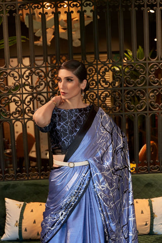 BLUE PRINTED JAPAN SATIN CREPE SAREE